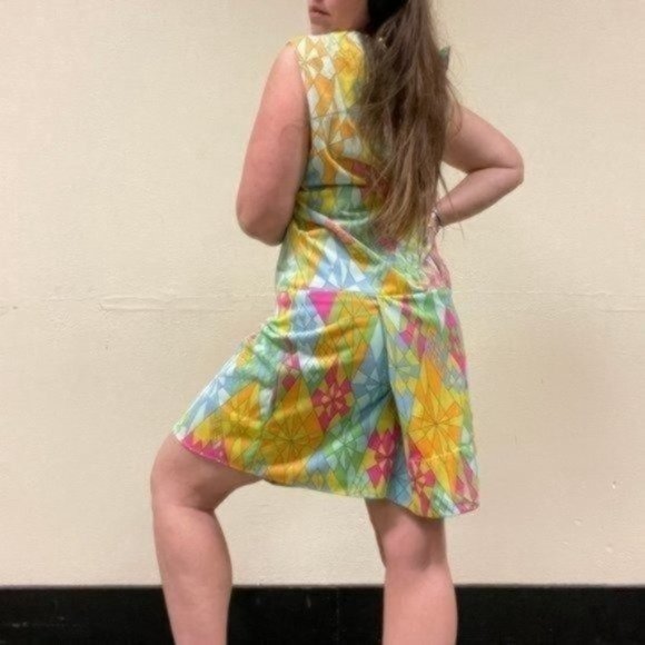 PRICE FIRM Vintage 70s Bright Multicolored Romper Skort Dress | Size L/XL - Picture 4 of 12